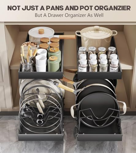 Lozovin Pull Out Pots and Pans Organizer Under Cabinet, Sliding Lid Holder and Pan Rack in Kitchen, Slide Out inside Cabinet Storage for Pot Lid, Bakeware, Dishes, 8 Adjustable Dividers, 1 Pack Black - Image 5