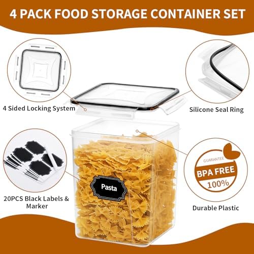 HKJ Chef 4 Pack Large Airtight Food Storage Containers with Lids (5.2L / 176oz), BPA Free Plastic Kitchen and Pantry Organization Contianers for Cereal Flour and Sugar Storage, Labels & Marker - Image 3