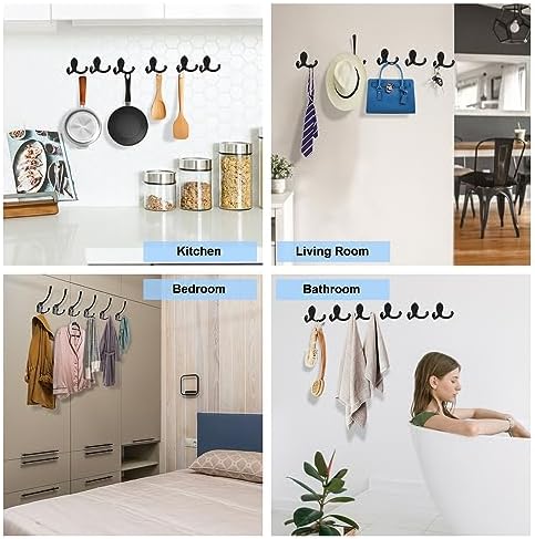 Kruodop 4 Pack Wall Hooks Wall Mounted Coat Hooks for Hanging Heavy Duty, Black Towel Hooks, Metal Double Coat Hanger with Screws Cup Retro for Coats, Handbags, Towels, Hat - Image 7