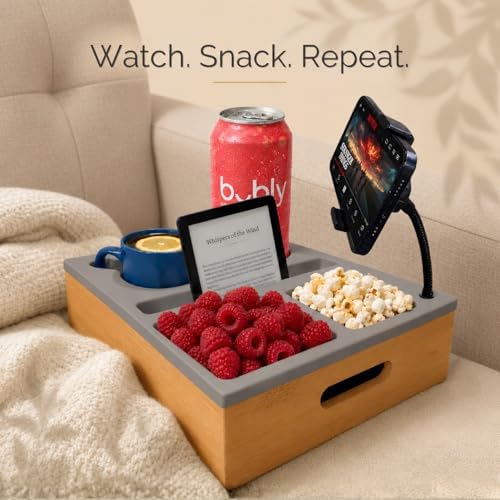 Couch Caddy with Cup Holder | Wood Couch Cup Holder Tray for Drinks, Snacks & Remotes | Sofa Couch Organizer with Phone & Cup Holder Tray (Grey) - Image 2