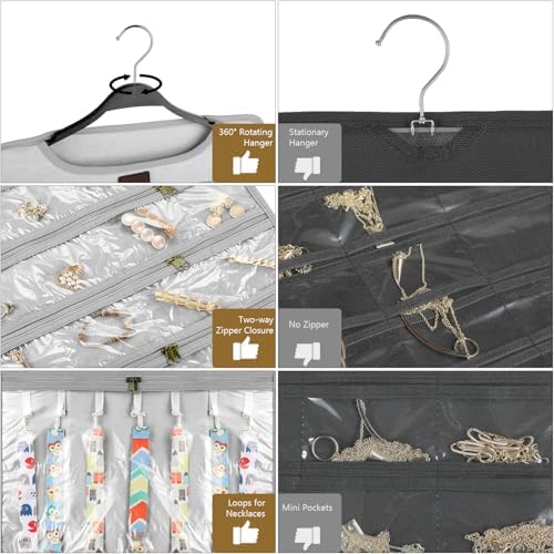 SMRITI Hanging Jewelry Organizer with Dual Zippered Pockets Canvas Double Sided Rotating Hanger Necklace Hanging Wall Organizer Earring Dustproof Holder Wall Mount Accessories Display Bag(Light Grey) - Image 4