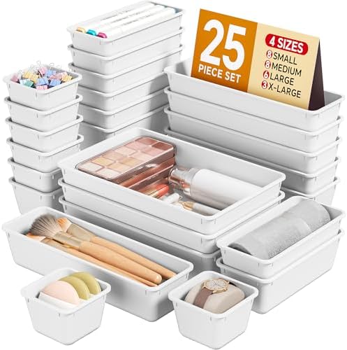 KEMETHY 25 PCS Plastic Drawer Organizers Set, 4 Sizes Vanity Organizer, Makeup and Desk Drawer Organizer Trays, Organization and Storage for Makeup, Bathroom, Kitchen Utensils and Office (White) by KEMETHYFocusesonCreatingEfficientStorageProductswithQualityMaterials