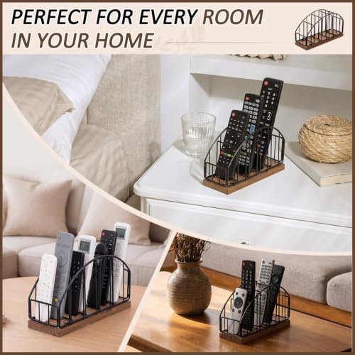 5 Slot Remote Control Holder 7.87 x 3.93 x 2.75 Inch, Vertical Metal & Wood Remote Caddy for Table, Desktop Storage Desktop Organizer for TV Remotes, Phone, Glasses, Nightstand Coffee Table, Black - Image 6