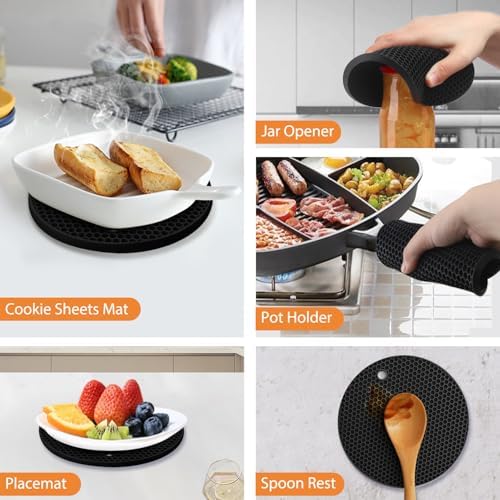 4 Pack Silicone Trivet Mats, 7 Inch & 9 Inch Flexible Heat Resistant Silicone Hot Pads Pot Holders for Kitchen Counter, Round Trivets for Hot Dishes - Potholders Jar Opener(Black) - Image 5