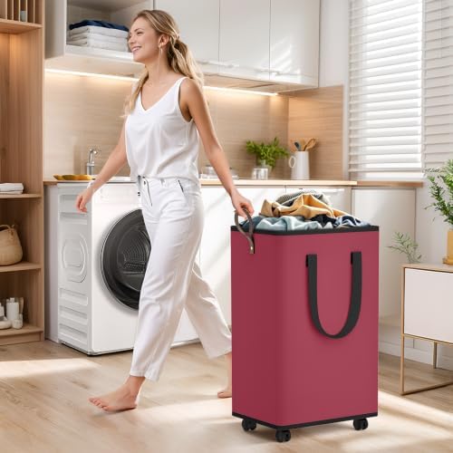 SpaceTrove Rolling Laundry Basket with Wheels, Laundry Hamper, 80L, Red - Image 5