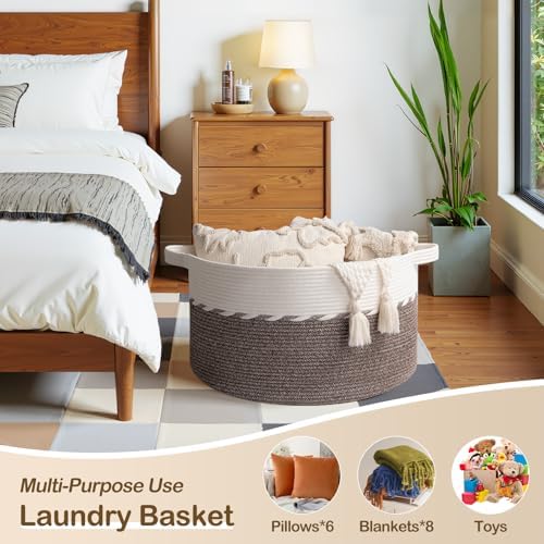 OIAHOMY 105L Extra Large Blanket Basket - Decorative Cotton Rope Storage Basket for Bedroom, Living Room & Nursery - Woven Laundry Hamper for Organizing Blankets, Clothes & Toys - Brown & White - Image 3