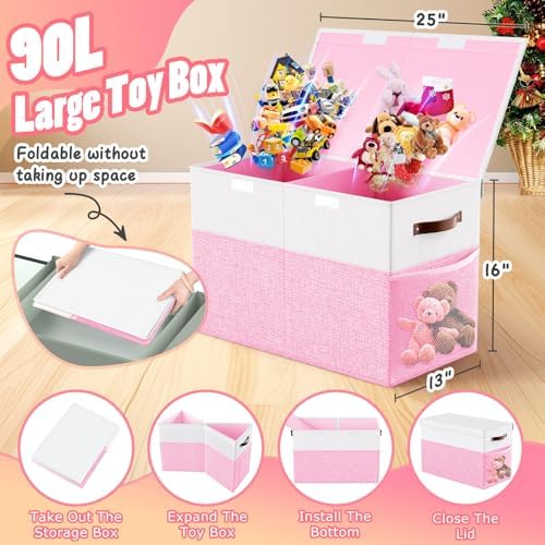 Large Toy Storage Box with Lid & Dividers, Kids Toy Chest, Pink and White - Image 2