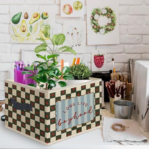 Boy Nursery Foldable Storage Bins Box with Handles, Long Live Boyhood Retro Green Checkered Collapsible Toys Books Clothes Organizer Basket for Kids Boys Nursery Room Bedroom Bathroom - Image 2