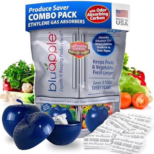 Bluapple Produce Saver Ethylene Gas Absorber 1 Year Combo Pack with Activated Carbon - 2 Bluapples + 8 Packets (13 grams each) Vegetable & Fruit Freshness Extender, Produce Storage, BPA-Free, USA-Made by TheBluappleCompany
