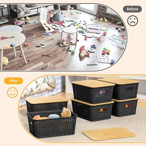 6 Pack Plastic Storage Baskets, Black bamboo lid storage Box - Image 5