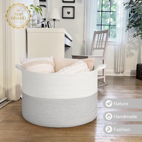 INDRESSME 115L Extra Large Woven Rope Blanket Basket Living Room, White - Image 7