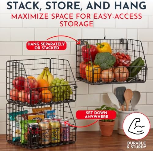 3x Stackable Hanging and Counter Baskets, Hanging Fruit Baskets for Kitchen - Image 2