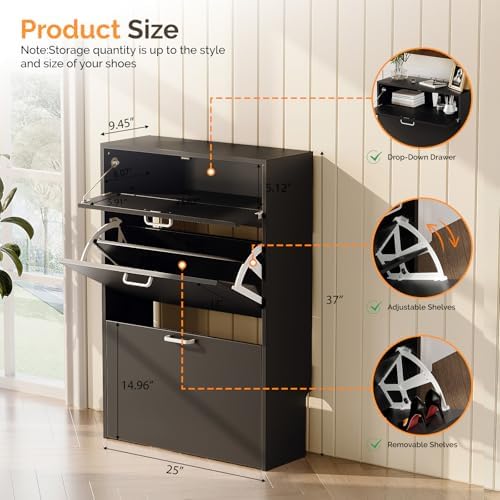 VINGLI Shoe Cabinet Storage for Entryway,Black Small Narrow Shoe Rack,25" W - Image 2