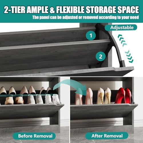 Xixini Shoe Storage Cabinet for Entryway with 3 Flip Drawers, Sturdy Wood Hidden Shoe Storage, Freestanding Narrow Slim Shoe Organizer for Front Door Entrance, Living Room, Hallway, Bedroom, Grey - Image 4
