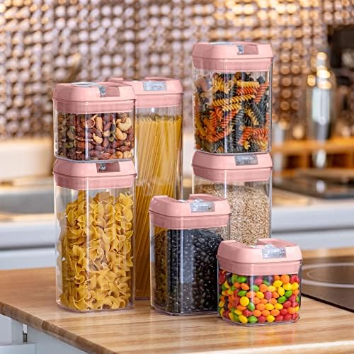 Set of 7 Airtight Food Storage Containers - Pantry Organizer Bins, BPA Free Plastic Containers plus Dry Erase Marker and Labels, Pink - Image 7