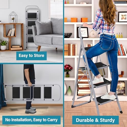 ZENY 4 Step Ladder Folding Step Stool with Wide Anti-Slip Pedal, Convenient Handgrip, Portable Steel Step Stool, 330 lbs Sturdy Steel Ladder for Household and Office, Gray - Image 4