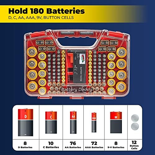 Ontel Battery Daddy Storage & Organizer Case w/Tester, Stores & Protects Up to 180 Batteries, Double-Sided, Clear Locking Lid, Secure Latches & Portable Carrying Handle - Red (Batteries Not Included) - Image 2
