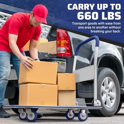 Heavy Duty Foldable Push Cart Dolly | 660 lbs. Capacity | Upgraded Collapsible Hand Truck Folding Platform with Swivel Wheels | Flat Bed Moving Wagon | Space Saving Push Handle (Blue) - Image 4