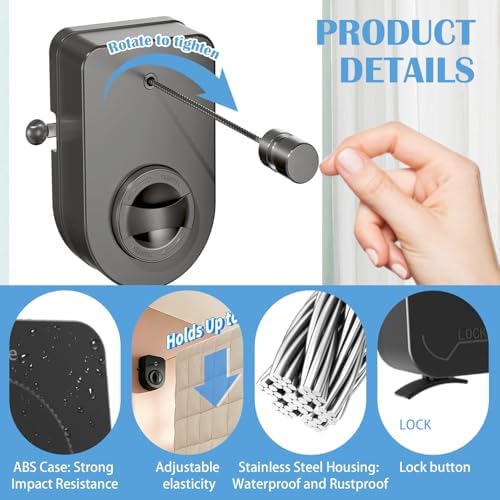 Retractable Clothesline Indoor, Non-Sagging Outdoor Clothes Line Retracting 16.7 Feet Heavy Duty Laundry Line Retractable Wall Mounted Clothes Line Outdoors (Grey, Rectangle) - Image 5