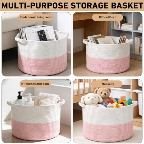 90L Extra Large Pink Woven Cotton Rope Basket with Handles - Image 6