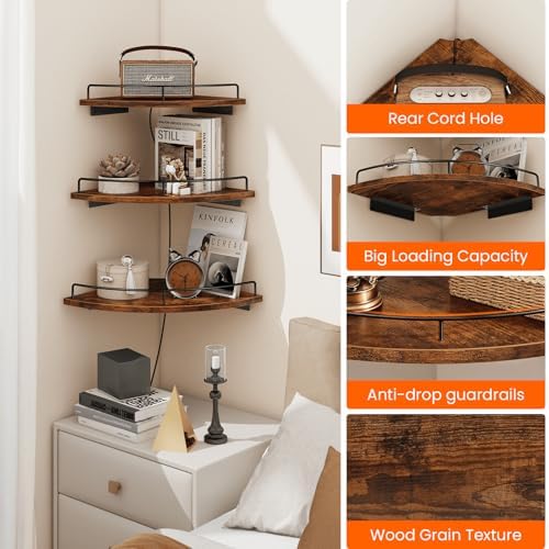 Homode Corner Shelf Wall Mounted Set of 3, Corner Floating Shelves 9/10/12 Inch Deep, Wood Round Corner Hanging Display Shelf with Guardrail for Bathroom Bedroom Kitchen Living Room, Rustic Brown - Image 4