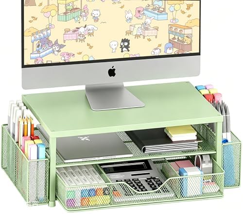 OPNICE Desk Organizer and Accessories, 2-Tier Computer Monitor Stand Riser with Drawer and 2 Pen Holders, Laptop Stand, Office Desk Accessories for Office Supplies, Light Green by OPNICE