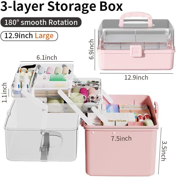 Large 3-Layer Craft Storage Box with Handle, Green - Image 2