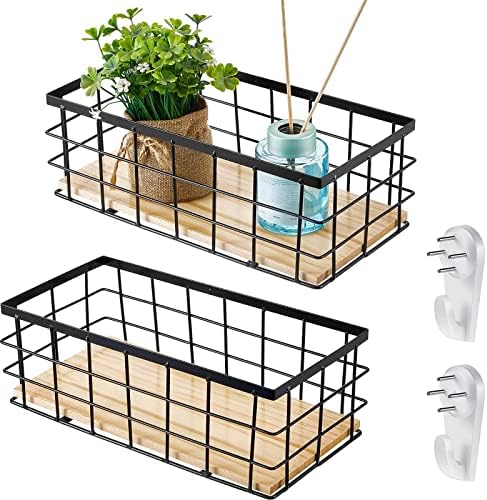 Funrous 2 Pcs Metal Small Wire Basket Wall Hanging Wire Basket Hang Small Bathroom Kitchen Storage Organizer Toilet Paper Mesh Storage Bin Shelf Rack with Base(Black,11.42 x 5.12 x 3.94 Inches) by Funrous