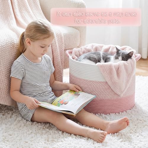 Artfeel 70L Large Cotton Rope Basket, Decorative Woven Blanket Storage for Living Room, Boho Toy Storage & Toy Box for Kids, Versatile Laundry Basket & Nursery Hamper for Blankets(Pink) - Image 3