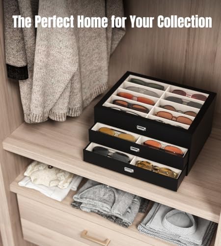 NEWLOOP Sunglass Organizer Display Case - Sunglasses Holder for Men Women Multiple Pair Eye Glasses Storage Organizer 3-Layer Jewelry Watch Eyeglass Collection Box with 30 Slots, Black - Image 7