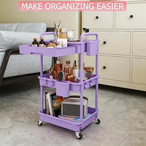 REBECAT 3 Tier Rolling Cart with Drawer, Utility Storage Cart on Wheels for Kitchen, Bathroom, Living Room,Office(Purple) - Image 6