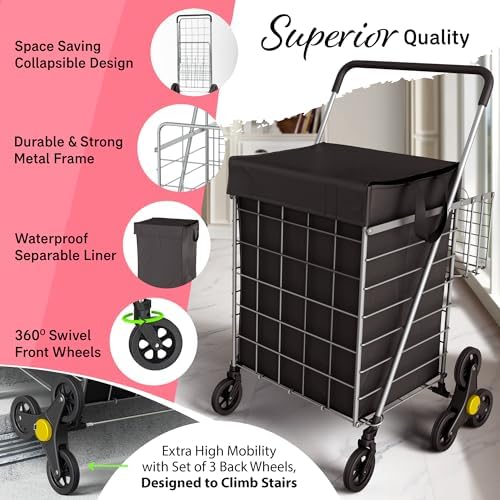 Our Modern Space Stairs Climbing Shopping Cart w/Waterproof Basket Liner & 360° Swivel Wheels | Foldable Collapsible & Lightweight | Perfect for Groceries Laundry Utility Cart - Silver - Image 3