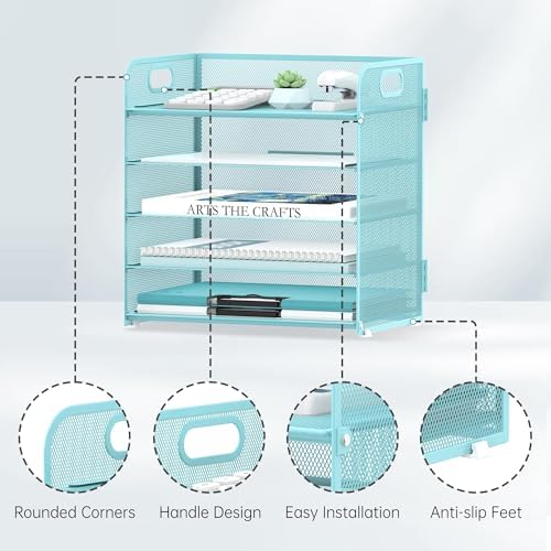 SUPEASY 2 Pack 5-Tier Blue Desk Organizer with Handle Mesh Desk File/Paper Organizer Letter Tray for Office, School and Home Easy Installation - Image 3