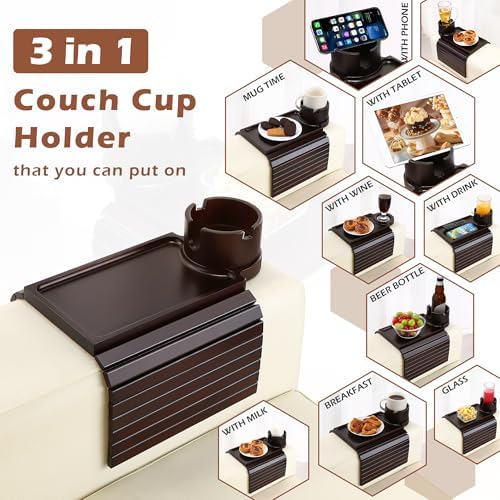 GHKINMAL Couch Cup Holder Tray,Sofa Clip on Arm Table,Black Walnut-Bamboo - Image 3