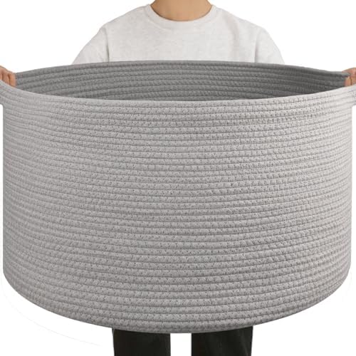 OIAHOMY 90L Extra Large Blanket Basket - Decorative Cotton Rope Storage Basket for Bedroom, Living Room & Nursery - Woven Laundry Hamper for Organizing Blankets, Clothes & Toys - Light Grey by MasterofSpaceOptimization