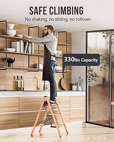 WOA WOA 3 Step Ladder, Foldable Step Stool, 300lbs Load, Wood Grain - Image 2
