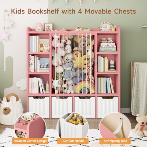 ONBRILL 3-in-1 Toy & Stuffed Animal Storage, 4 Movable Toy Chest, Pink - Image 4