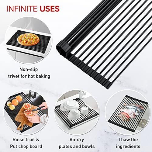 MERRYBOX 20.5" x 13" Roll Up Dish Drying Rack Silicone Wrapped Over The Sink Dish Drying Rack Multipurpose Foldable Sink Drying Mat, Heat-Resistant & Anti-Rust Dish Rack for Kitchen Sink, Large, Black - Image 6