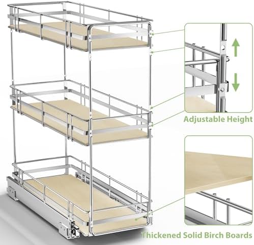 ROOMTEC 3-Tier Pull Out Cabinet Organizer Spice Rack for Narrow Cabinet 9" W x 20½" D, Slide Out Wood Shelves Storage for Kitchen - Image 5