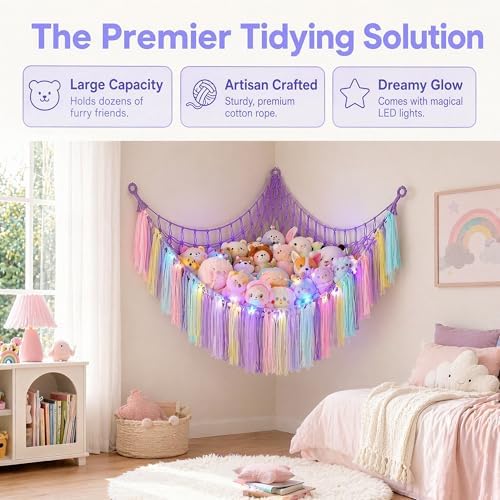 THIDARGO Stuffed Animal Hammock Storage Net with LED Lights, Colorful Tassels, 59in, for Kids Bedroom Nursery Playroom, Includes 3 Hooks (not including battery) (Purple) - Image 3