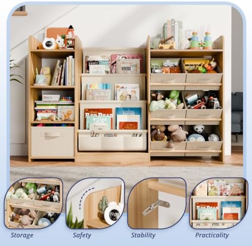 Kids Bookshelf and Toy Storage with 7 Removable Bins, 52 inch, Burlywood - Image 4