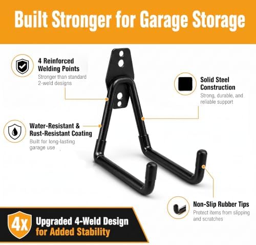 Garage Hooks, 4 Pack Wave Hooks for Hanging Heavy Duty Ladders, Bikes, Tools Ideal for Garage, Garden, Basement Utility Room Storage (Orange) - Image 3