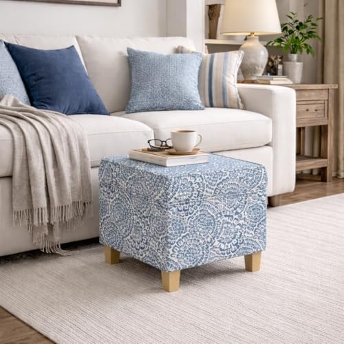 HomePop 18" Classic Square Storage Ottoman - Blue & Cream Modern Floral - Image 4