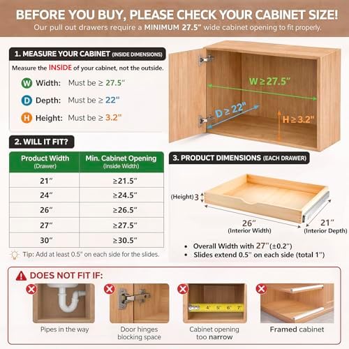 Menkxi 2 Set Wooden Pull out Cabinet Organizer Fully Assembled Slide out Pantry Drawer with Gentle Close Storage Shelf Tray for Base Kitchen Under Sink Bathroom Accessory(Wood Color,27'' X 21'' X 3") - Image 2