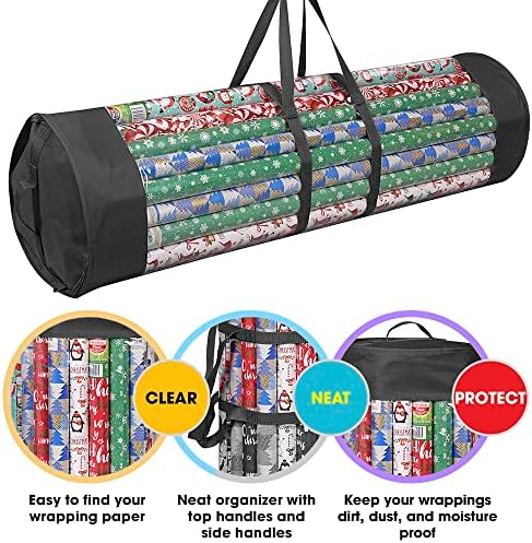ProPik Wrapping Paper Organizer Storage Bag for All Your Gift Wrap & Ribbons, Fits Long 40 Inch Rolls, Hold Up To 24 Rolls, Heavy Duty Clear PVC Bag with Handles (Black & Clear) - Image 2