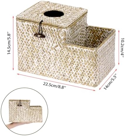 Sumnacon Tissue Box Cover Square Tissue Box Woven Seagrass Tissue Box Holder with Side Organizer, Rustic Tissue Holder for Living Room Bathroom Bedroom Kitchen Office Table Desk, White - Image 4