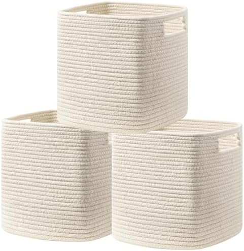 UBBCARE Set of 3 Cotton Rope Basket 11 X 10.5 X 10.5 Inches, Woven Storage Baskets for Shelves, Organizing with Handles, Cube Storage Bins for Storage Books, Magazines, Beige by UBBCARE