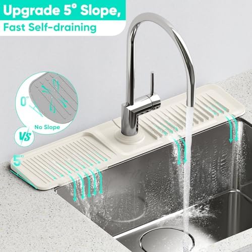 24'' Faucet Mat for Kitchen Sink [5°Slope Fast Self-draining] Faucet Mat Kitchen Sink Splash Guard Silicone Sink Faucet Mat Splash Guard Kitchen Sink Area Tidy Splash Faucet Guard Draining Mat-Beige - Image 2