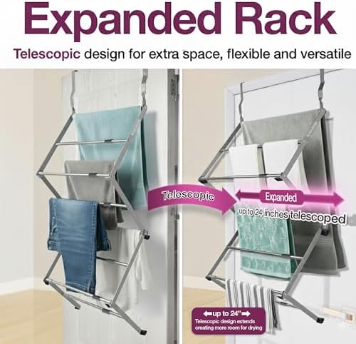 BLACK+DECKER Over The Door Expandable Telescopic Drying Rack, Clothes Organizer, Towel Hanger, Laundry, Collapsible, Silver - Image 4