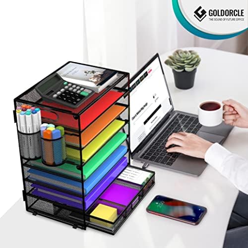 8 Tier Paper Letter Tray Organizer (Black-with Drawer,Pen Holders) - Image 6